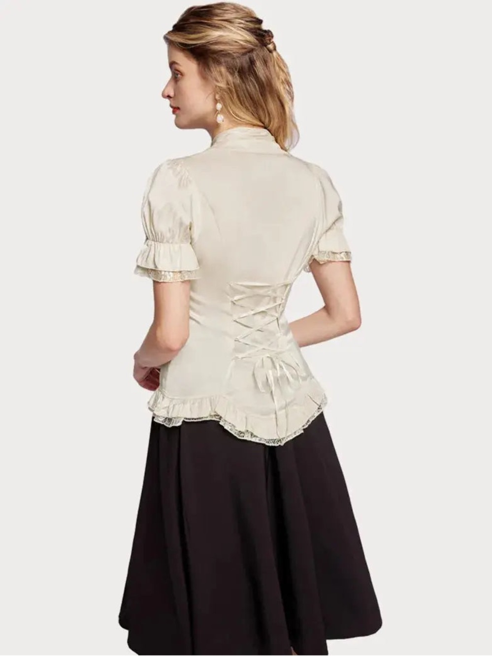 Scarlet Darkness Ladies Victorian Blouse Lace Up Pleated Shirt in Apricot Medium - Picture 5 of 10